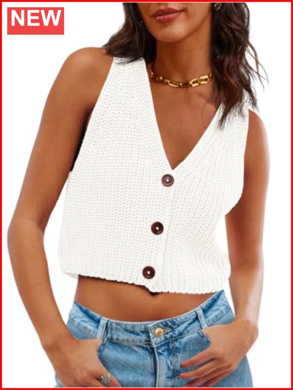 Cropped Chunky Knit Sweater Vest V Neck Button Down Sleeveless Tank Top